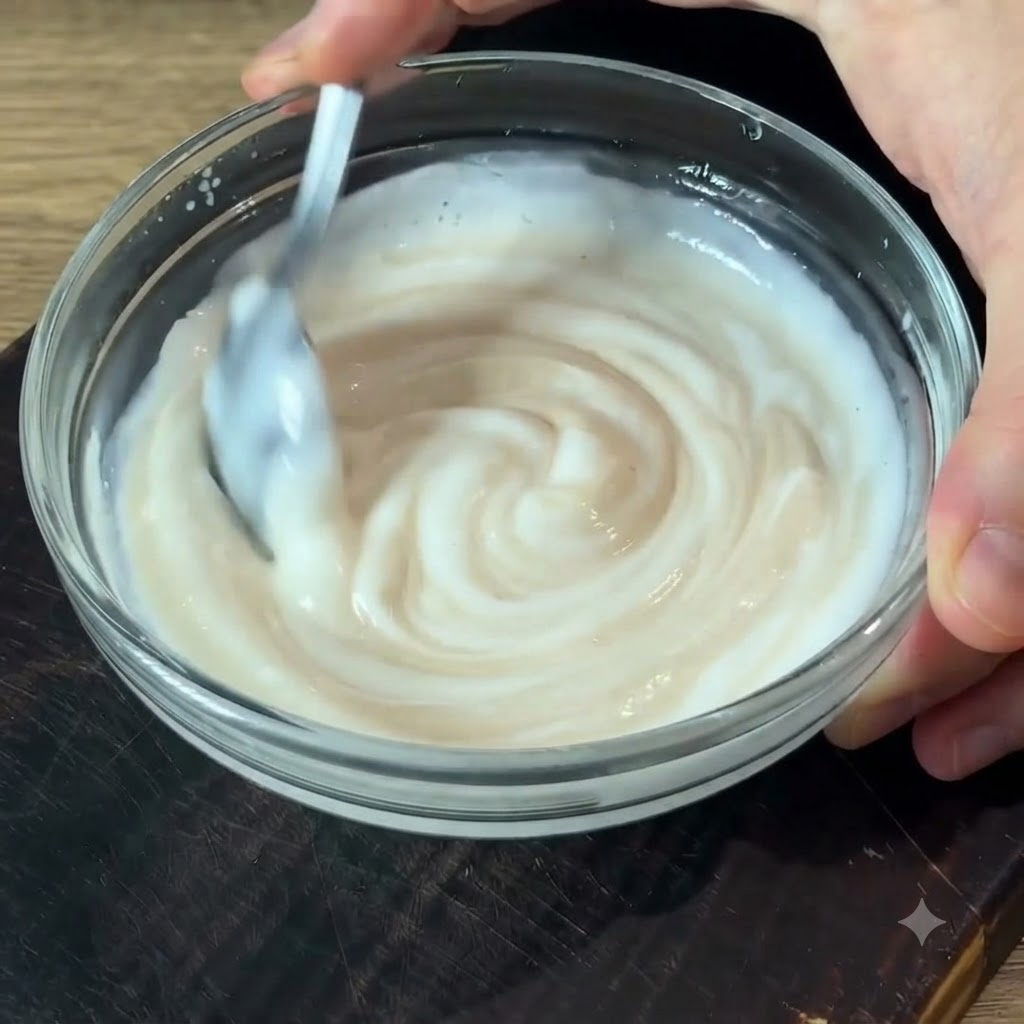 Une cuillerée de sauce blanche crémeuse étalée de manière homogène sur une croûte de pommes de terre dorée dans une assiette blanche.