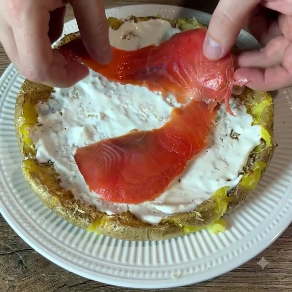 Des mains plaçant des tranches de saumon fumé orange vif sur une croûte de pommes de terre garnie de crème blanche.