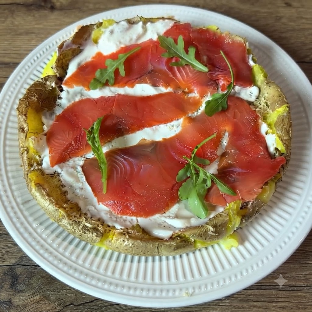 De jeunes feuilles de roquette verte éparpillées sur la couche de saumon fumé et de crème dune pizza de pommes de terre.