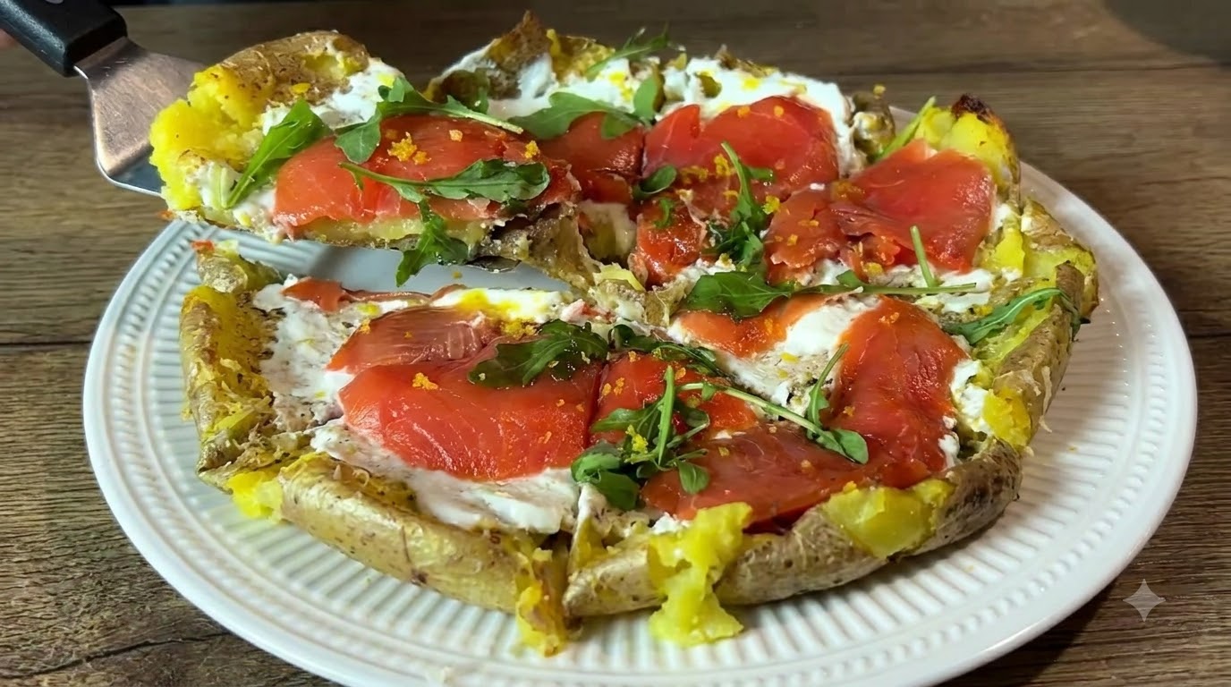 Pizza écrasée de pommes de terre au saumon fumé
