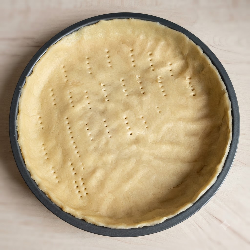 Gros plan dun fond de tarte rond et doré piqué à la fourchette à plusieurs reprises.