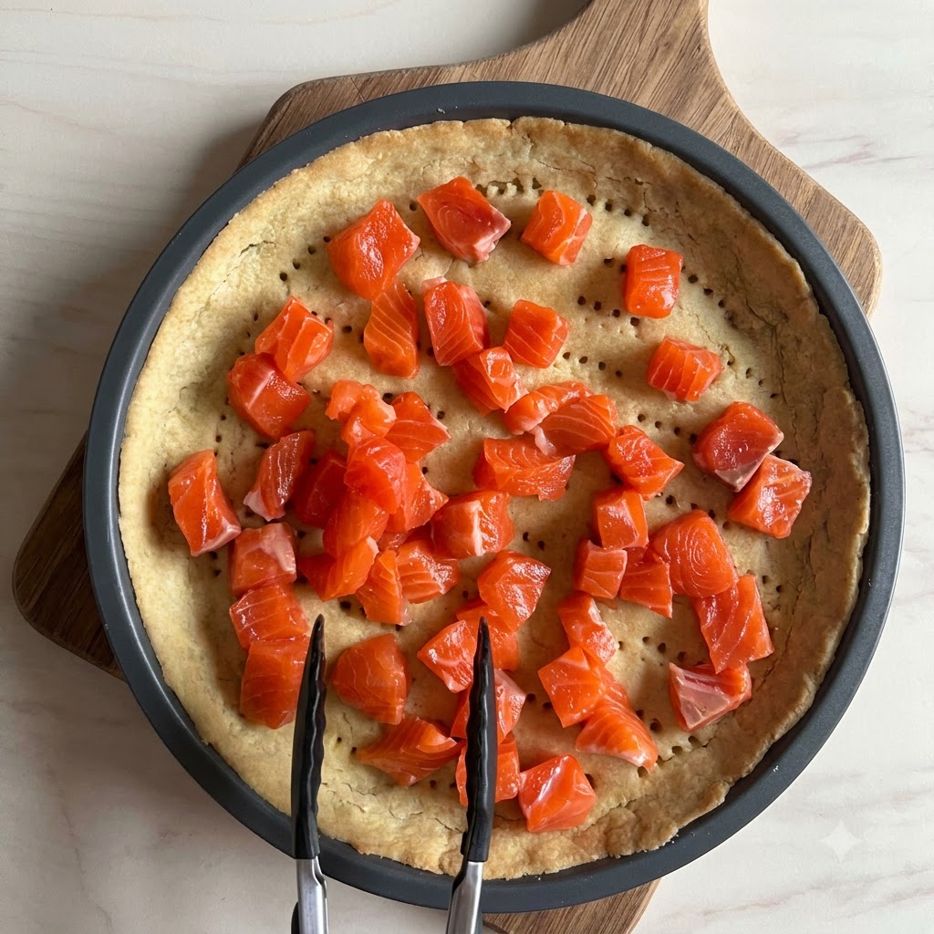 Des champignons de Paris sautés déposés par-dessus la couche de saumon dans un moule à tarte.