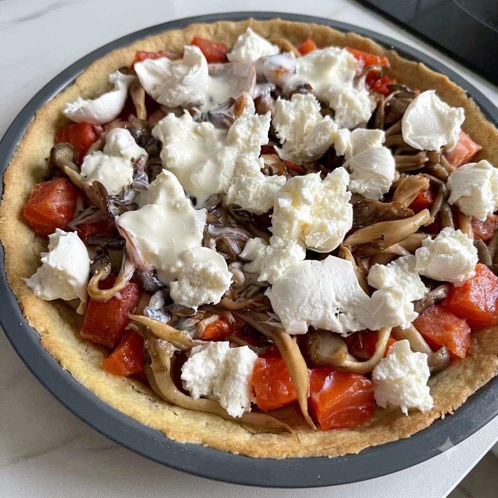 Des brins de romarin frais posés sur une tarte au saumon et aux champignons non cuite.