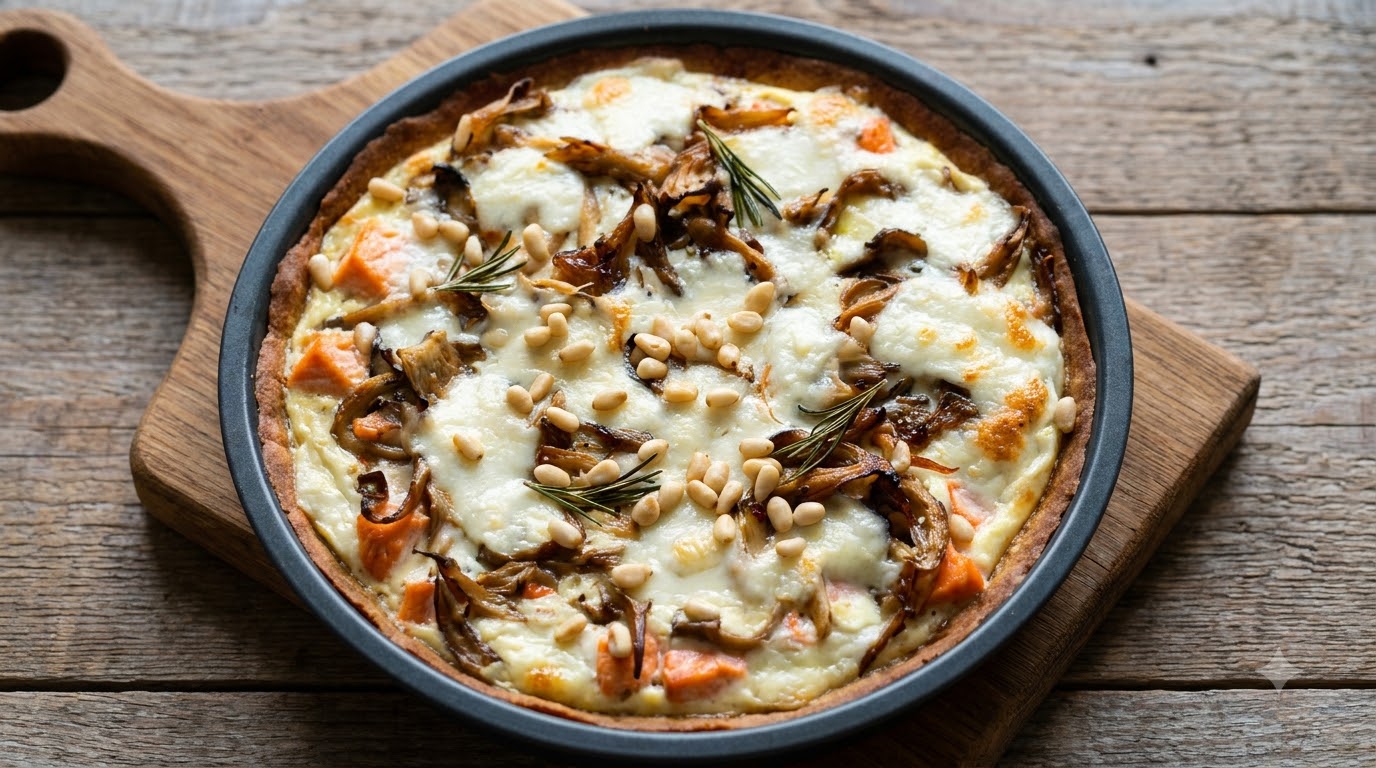 Une tarte salée au saumon et aux champignons fraîchement cuite, garnie de mozzarella fondante, de pignons de pin et de brins de romarin frais.