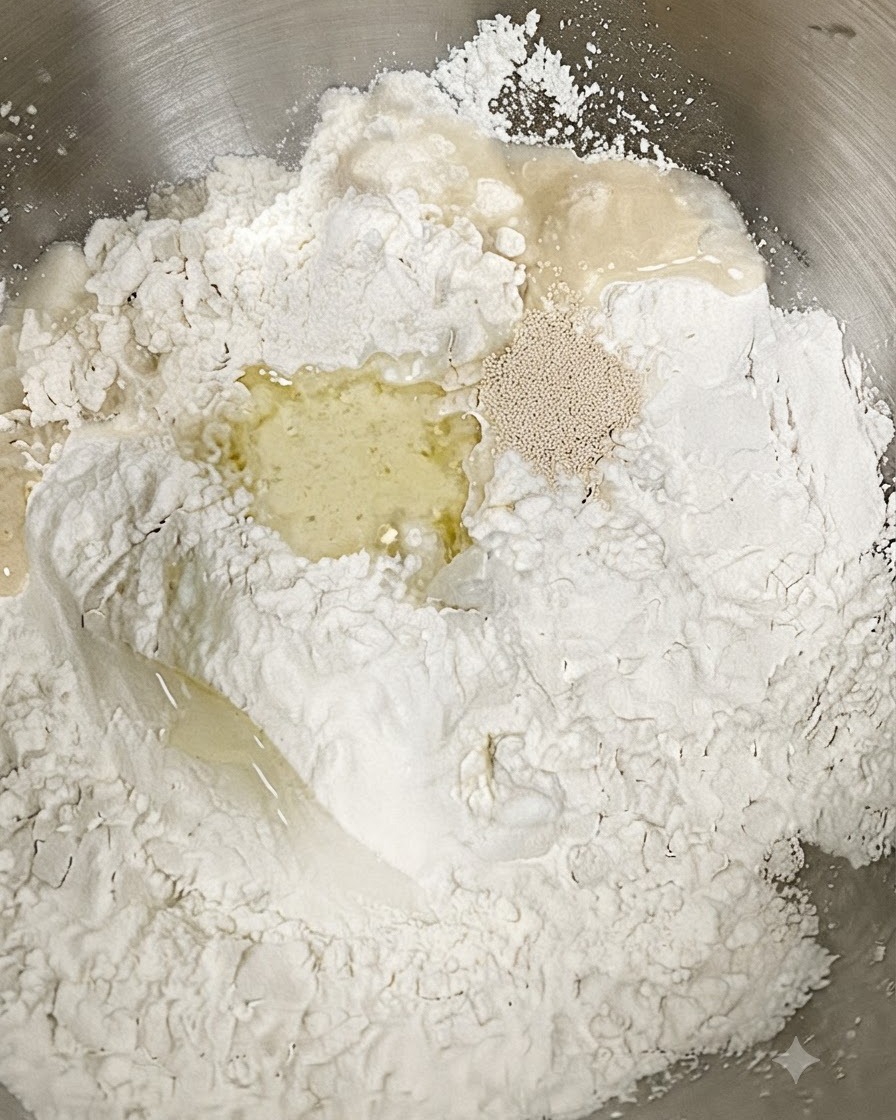 Farine, levure, eau et huile dolive combinées dans un bol en métal avant le pétrissage.