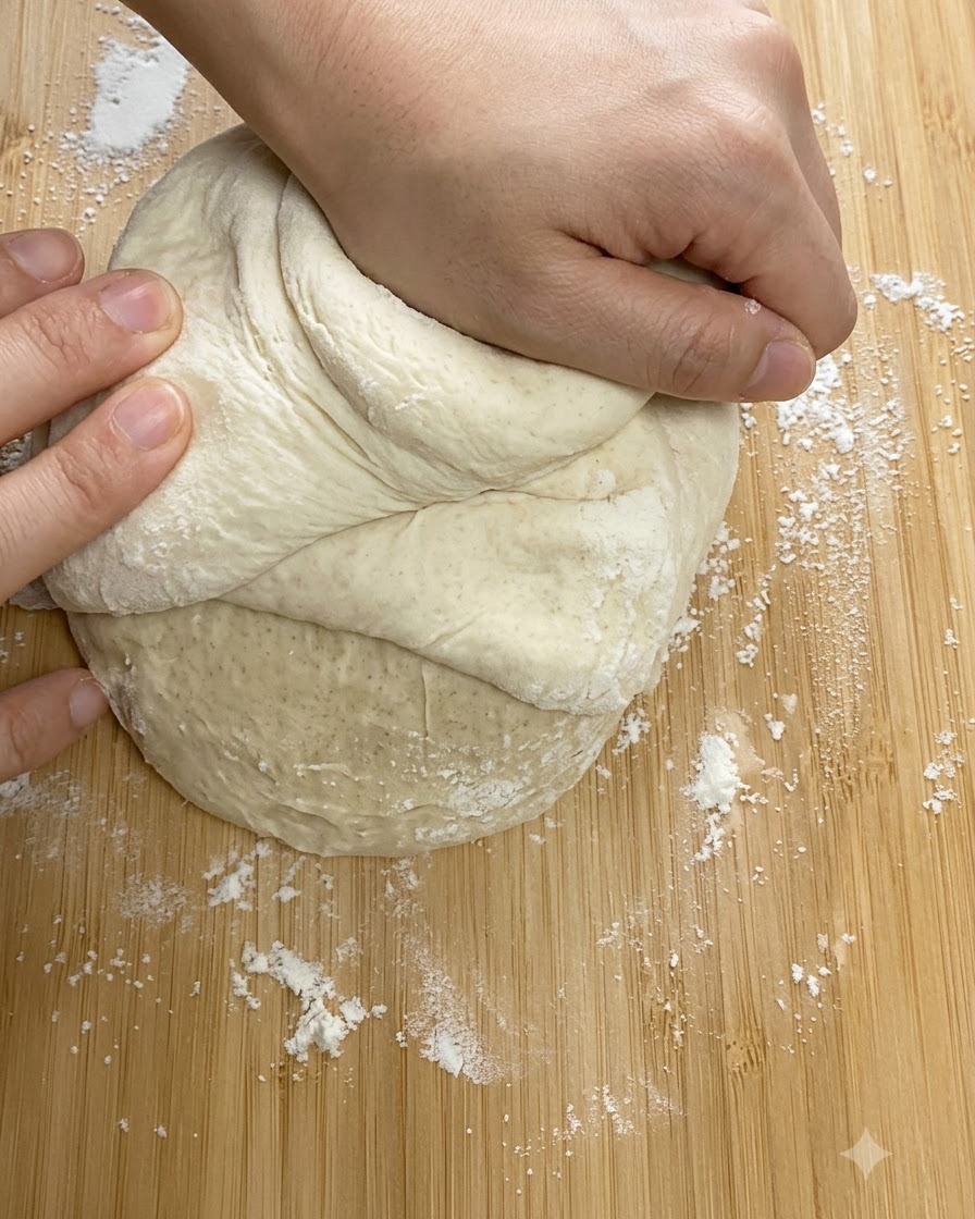 Mains pétrissant fermement une boule de pâte à pizza sur une surface de coupe en bois.