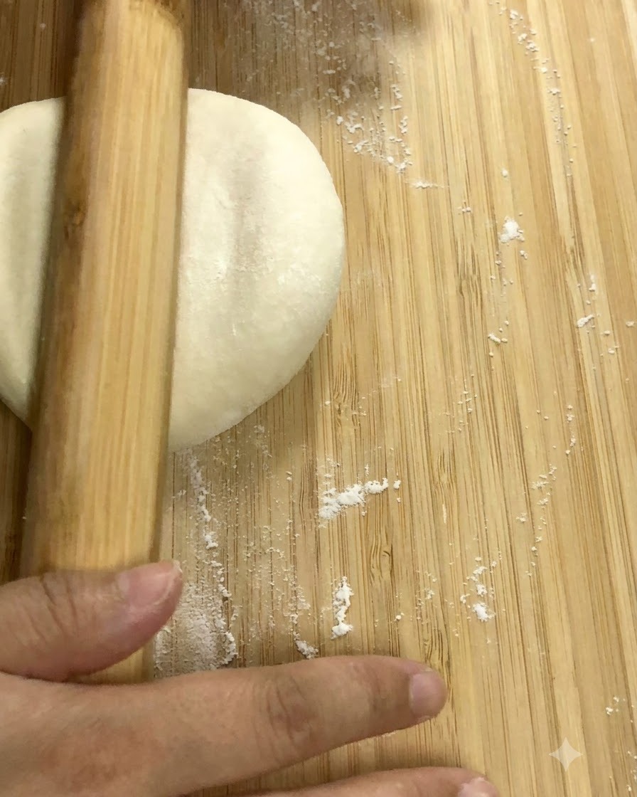 Un rouleau à pâtisserie en bois aplatissant un morceau de pâte rond et lisse sur une planche en bois.