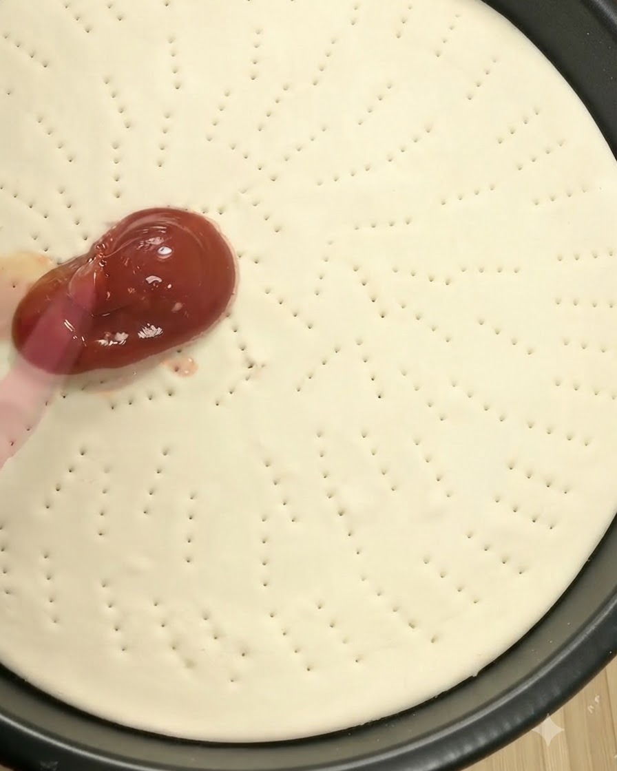 Une spatule en silicone rose étalant de la sauce tomate rouge sur la surface de la pâte à pizza.