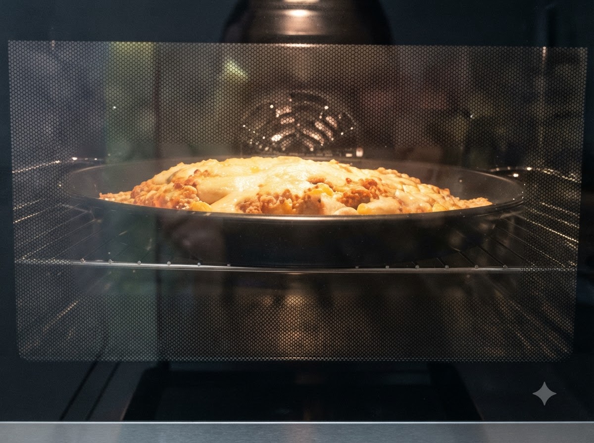 Une pizza en train de cuire dans un four avec la lumière interne allumée, montrant le fromage qui fond et bouillonne.