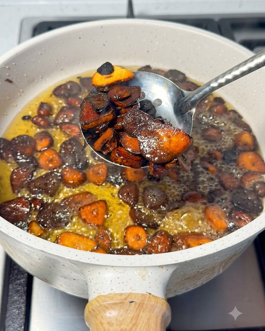 Une écumoire soulevant des tranches dail brun foncé et carbonisées de lhuile chaude dans une casserole.