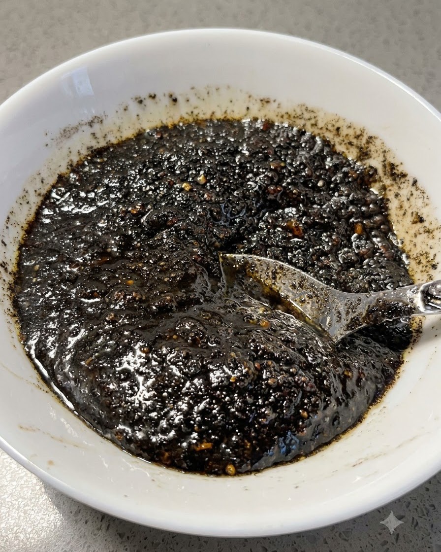 Pâte dhuile dail noir mixée reposant à lintérieur dun bol blanc avec une cuillère.