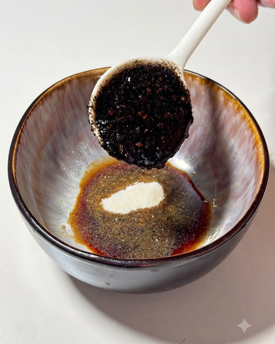 Cuillère versant de lhuile dail noir foncée dans un bol contenant de la sauce soja assaisonnée, de la poudre dail et du bouillon tonkotsu.