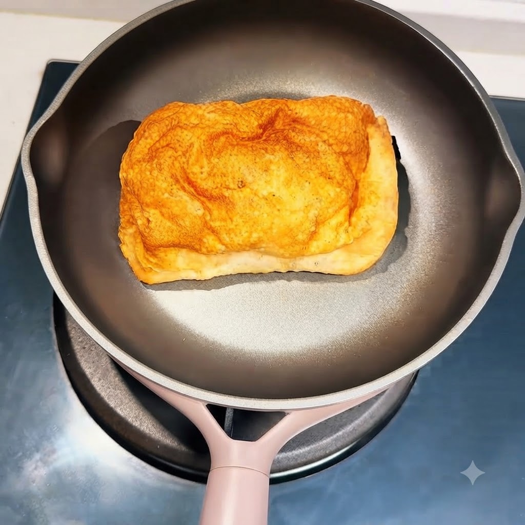 Un morceau de pain ciabatta posé dans une poêle sur la cuisinière.