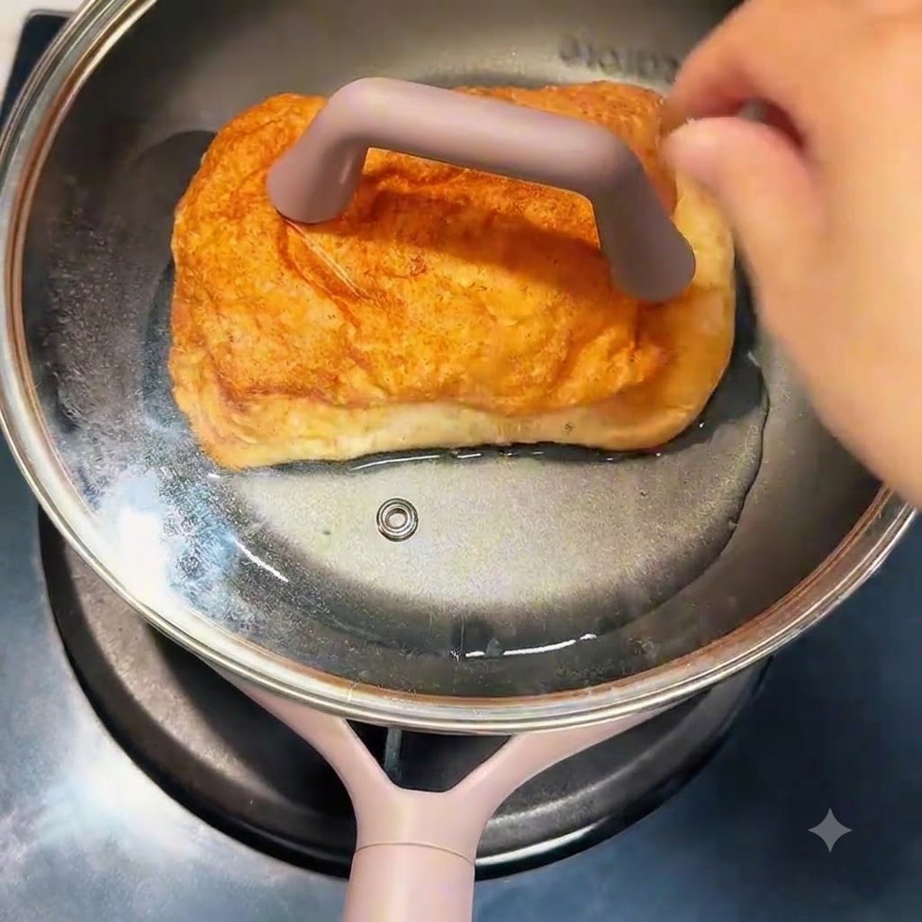 Un paquet rond de nouilles instantanées plongé dans de leau bouillante dans une casserole.