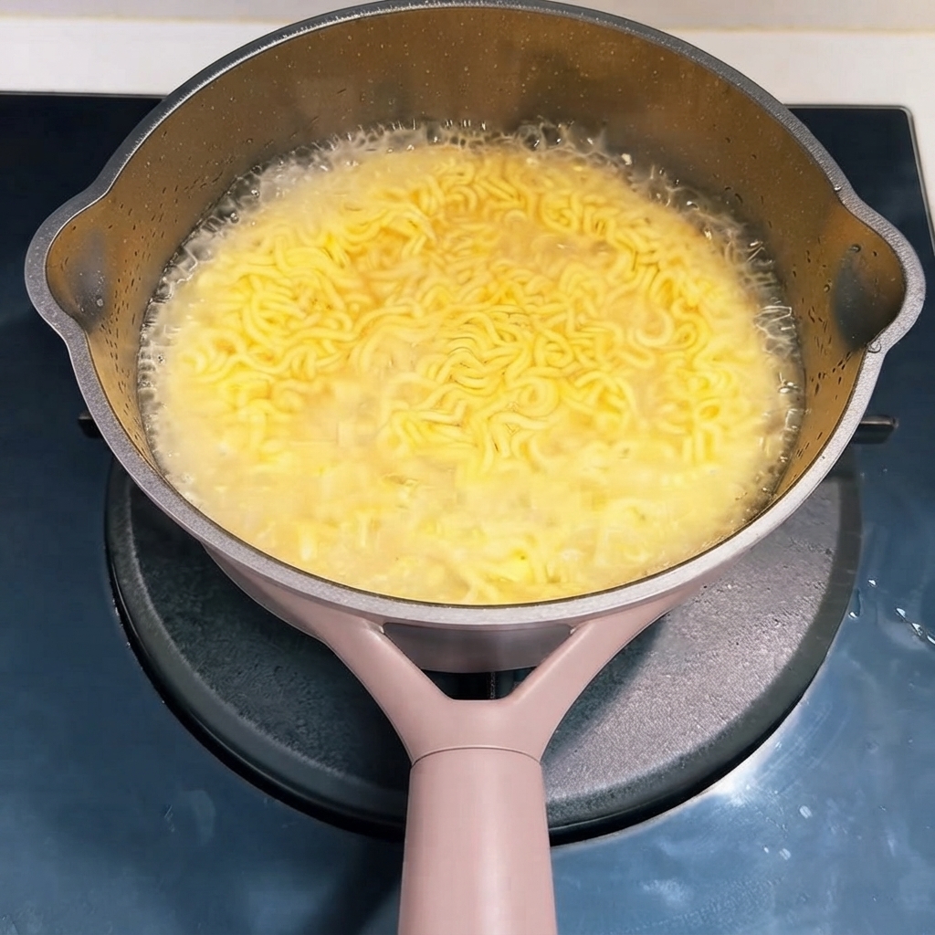 Leau est égouttée dune casserole de nouilles instantanées cuites.