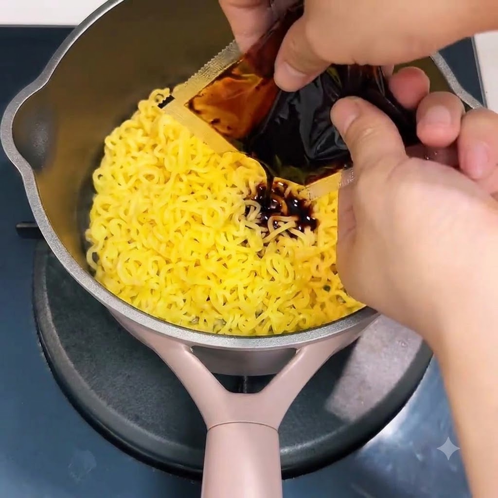 La sauce rouge buldak est pressée dun sachet directement sur les nouilles jaunes dans une casserole.
