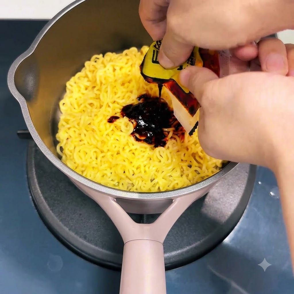 Nouilles mélangées avec une sauce rouge foncé dans une casserole.