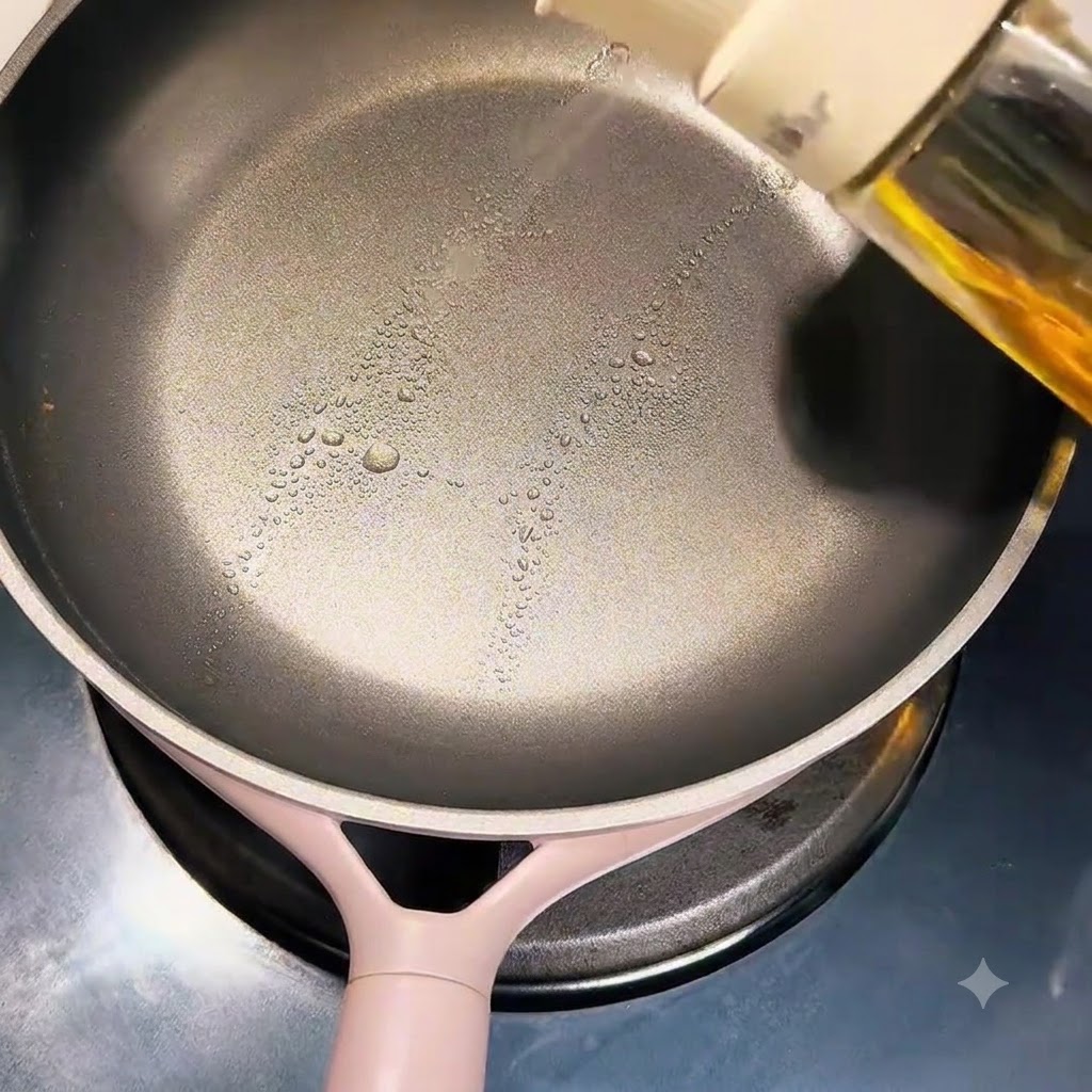 Une main vaporisant de lhuile de cuisson sur la surface dune poêle antiadhésive propre.