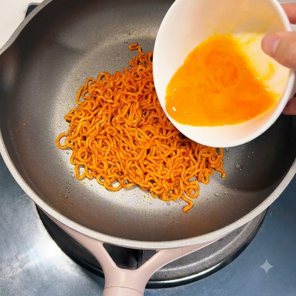 Du liquide dœuf battu orange vif est versé dun bol sur les nouilles dans une poêle.