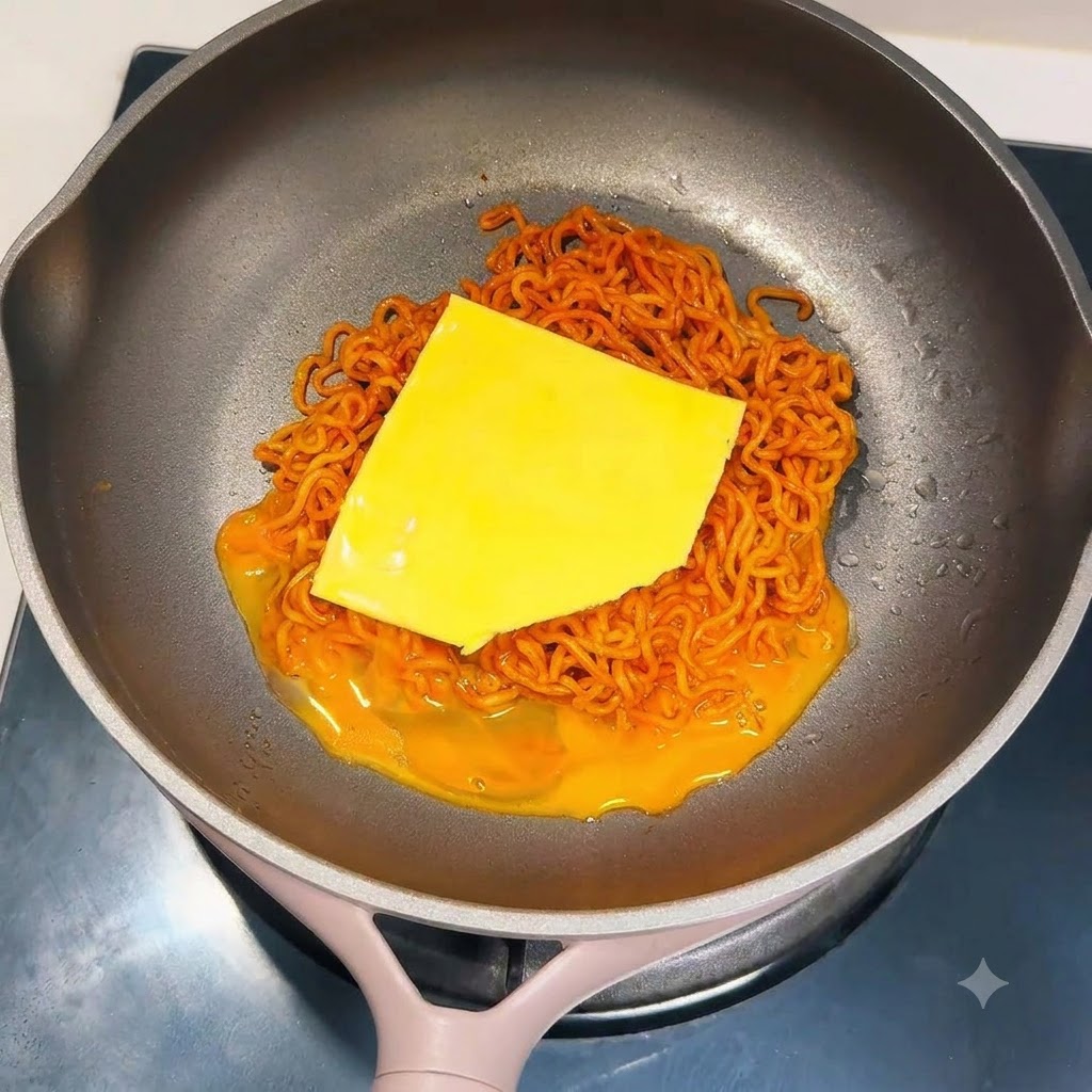 Une tranche de fromage jaune disposée sur des nouilles cuites dans une poêle.