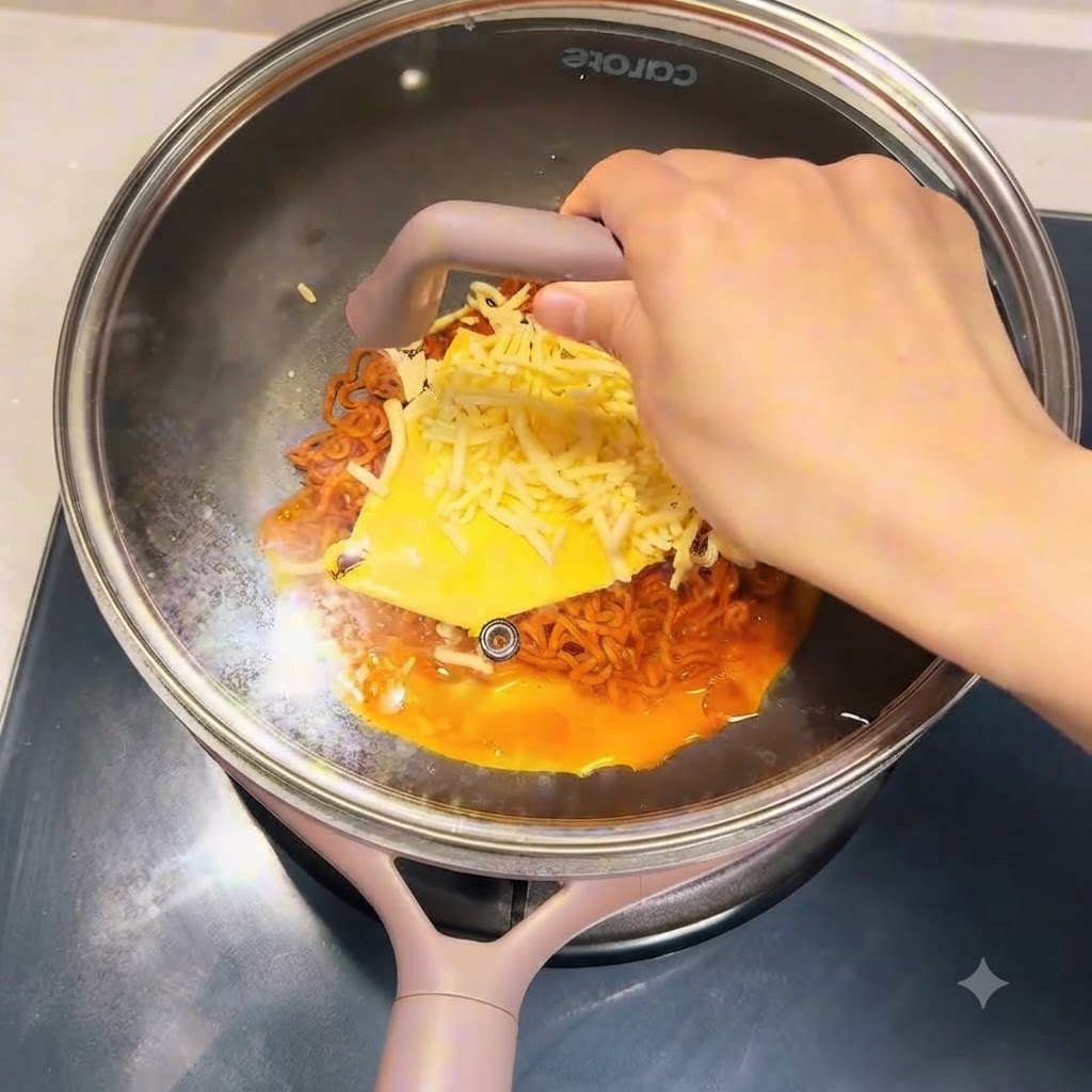 Une poêle couverte fumante sur la cuisinière pour faire fondre le fromage.