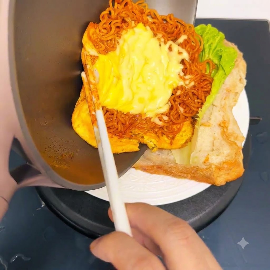 Nouilles au fromage et œuf glissés dune poêle dans un sandwich ciabatta.