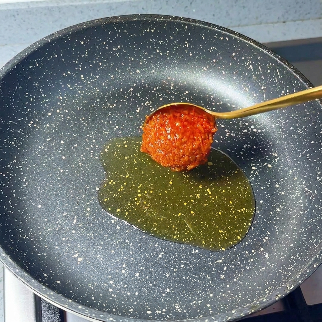 Une cuillère tenant du piment en poudre et de lail haché au-dessus dune poêle contenant de lhuile de sésame.