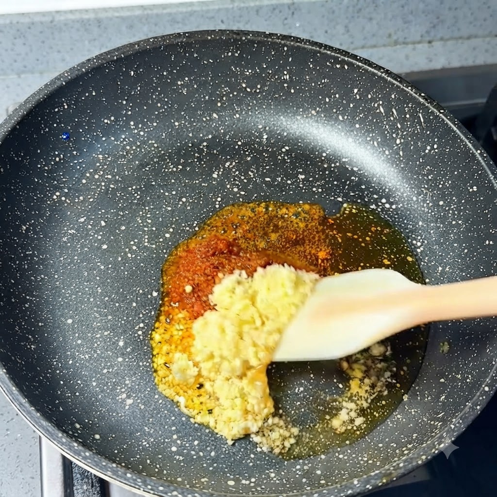 De lail haché et du piment en poudre mélangés avec de lhuile de sésame dans une poêle à laide dune spatule.