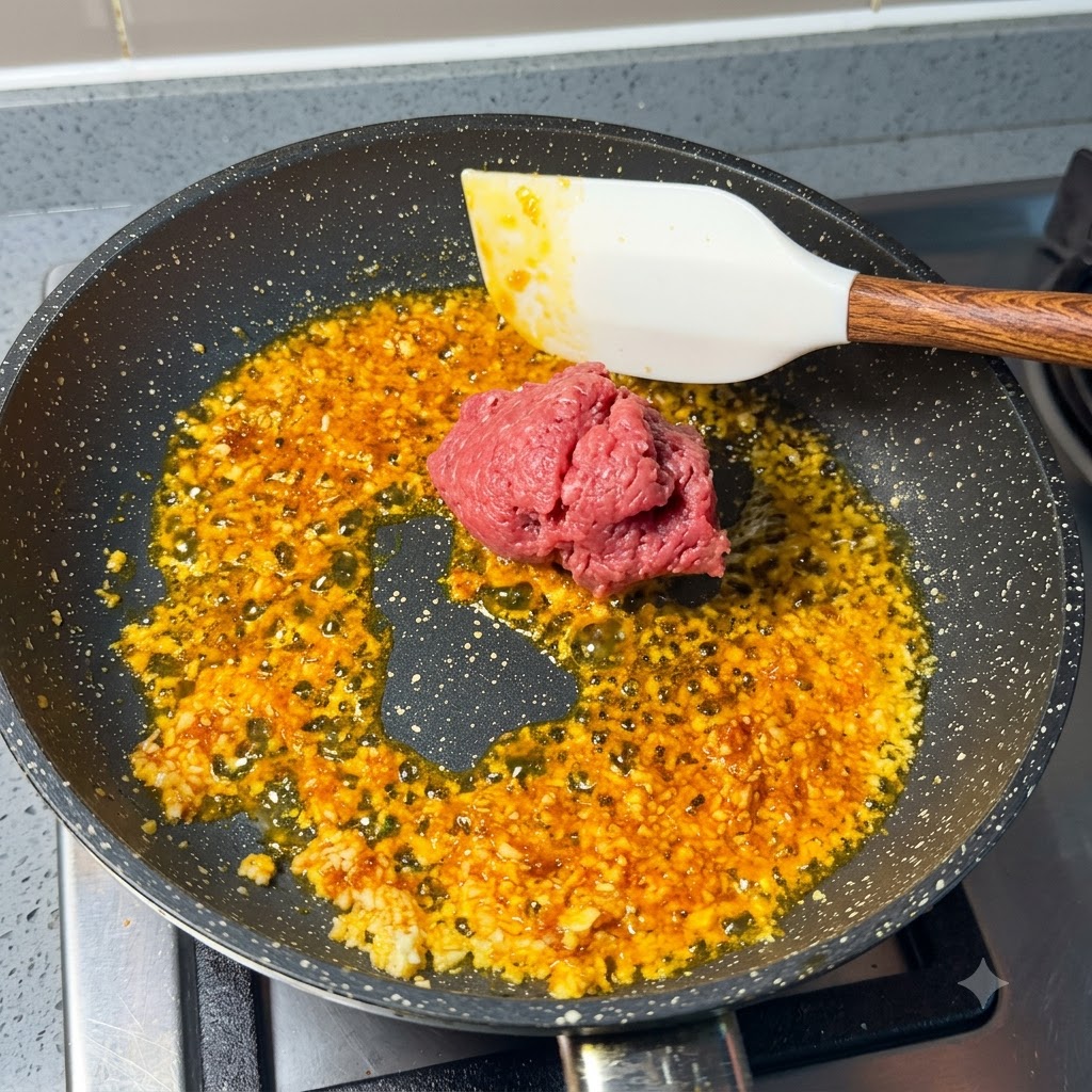 Une portion de porc haché cru placée dans la poêle avec lhuile à lail et au piment.