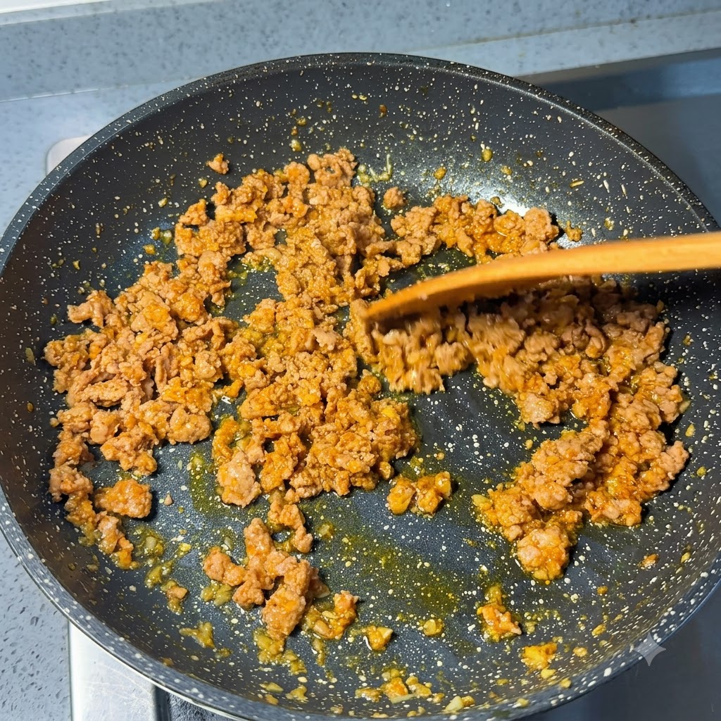Du porc haché rissolant et dorant dans la poêle.