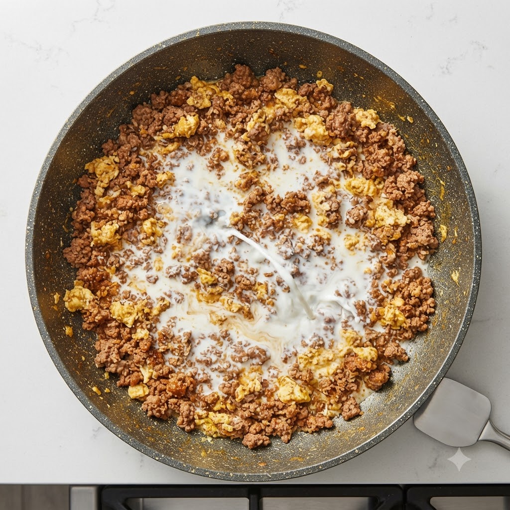 Du lait versé au centre dune poêle remplie de viande hachée dorée.