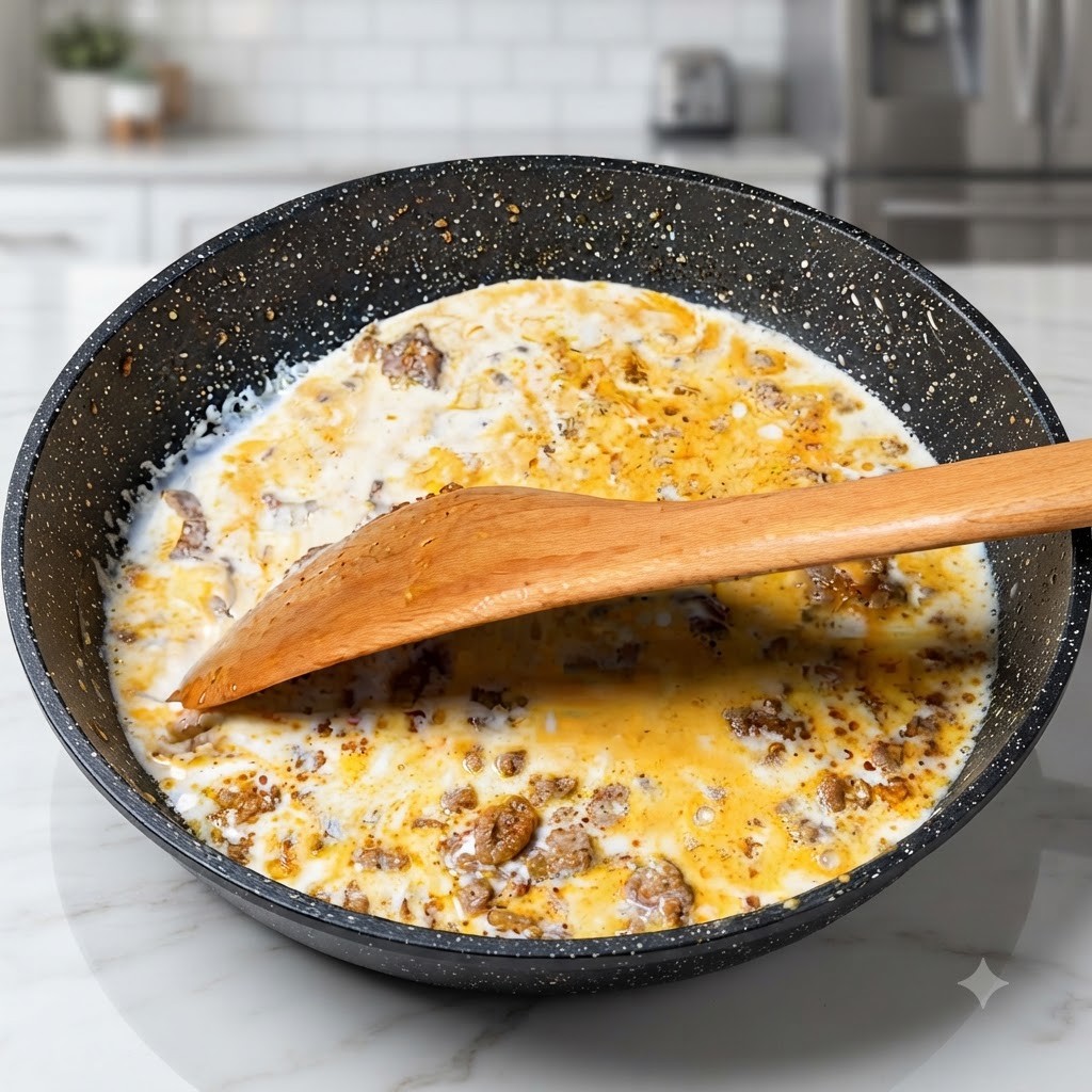 Une spatule en bois mélangeant du lait et de la viande hachée dans une poêle foncée.