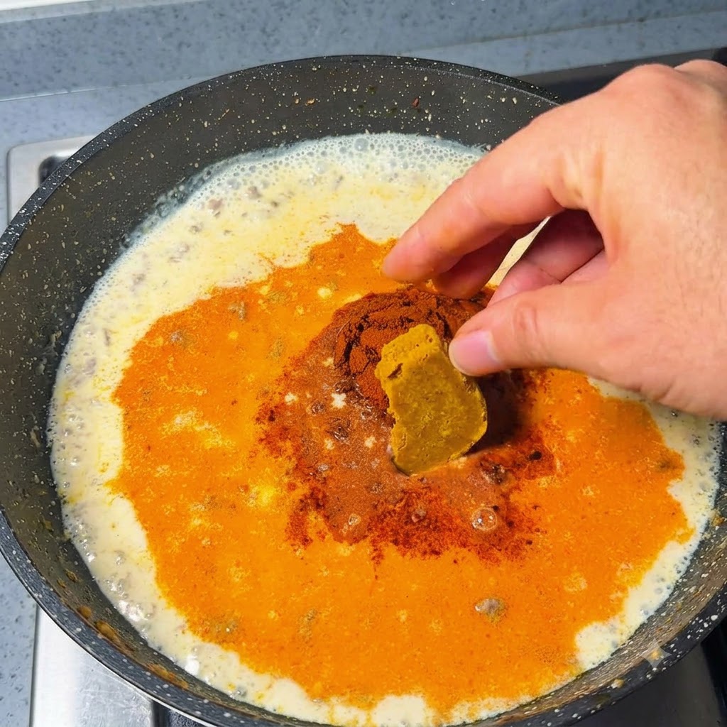 Une main déposant des cubes et de la poudre de curry sur le liquide frémissant de la poêle.