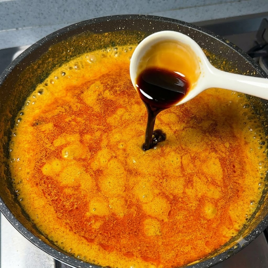 De la sauce soja versée depuis une cuillère blanche dans une casserole frémissante de sauce au curry orange.