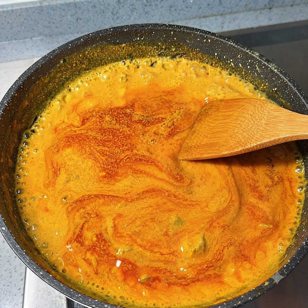 Une sauce au curry japonais en train dépaissir et de bouillonner dans une poêle, remuée avec une spatule en bois.