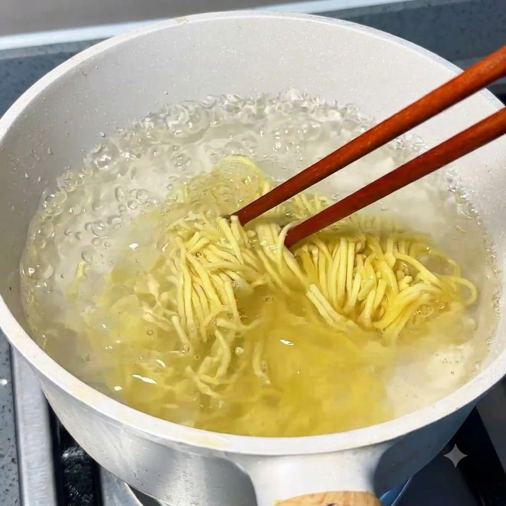 Des nouilles ramen japonaises cuisant dans une casserole deau bouillante, séparées par des baguettes en bois.