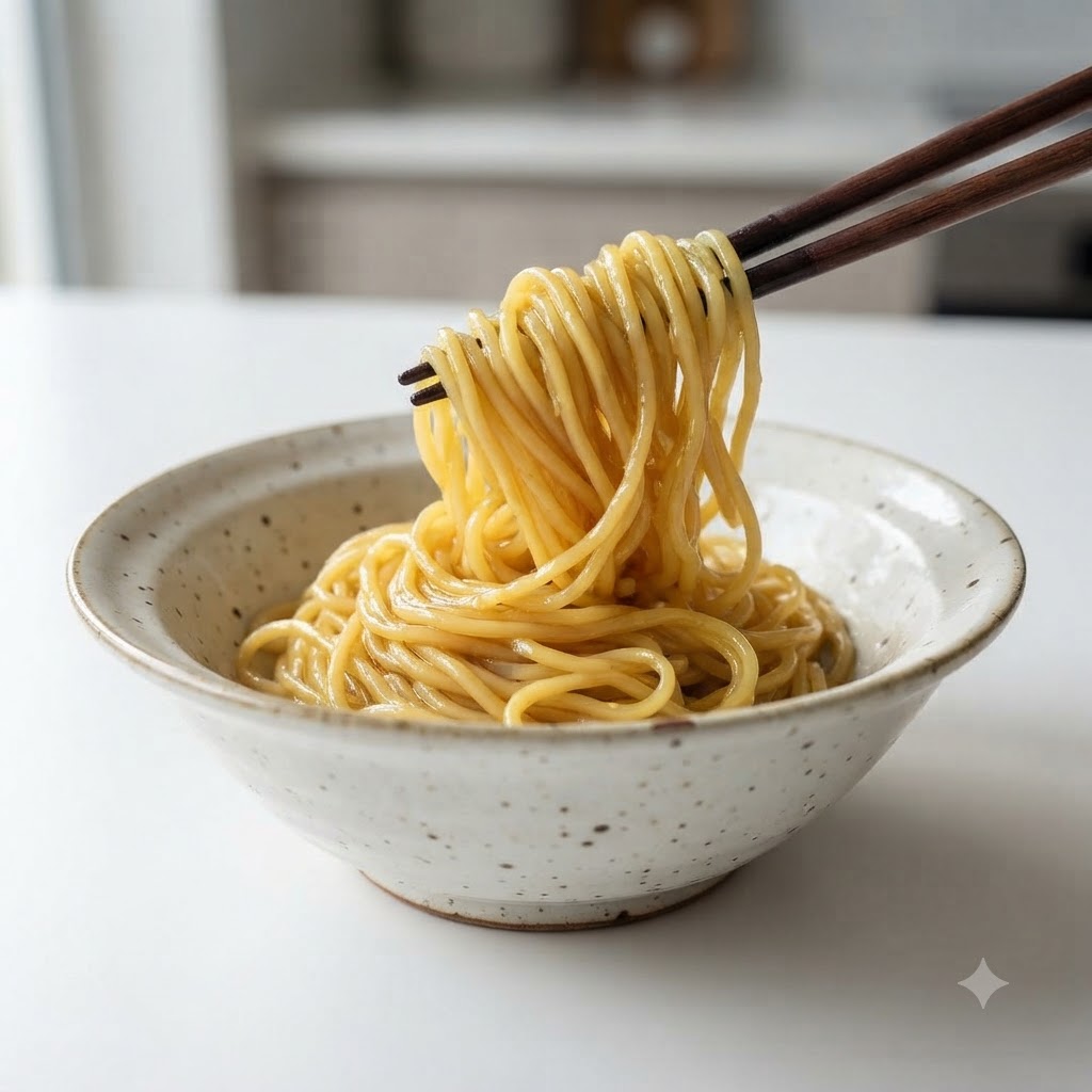 Des nouilles ramen cuites soulevées avec des baguettes et placées dans un bol de service en céramique.