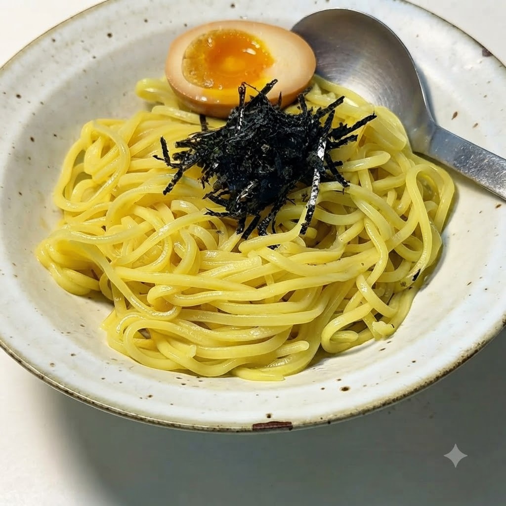 Un demi-œuf mollet positionné sur les nouilles ramen garnies.