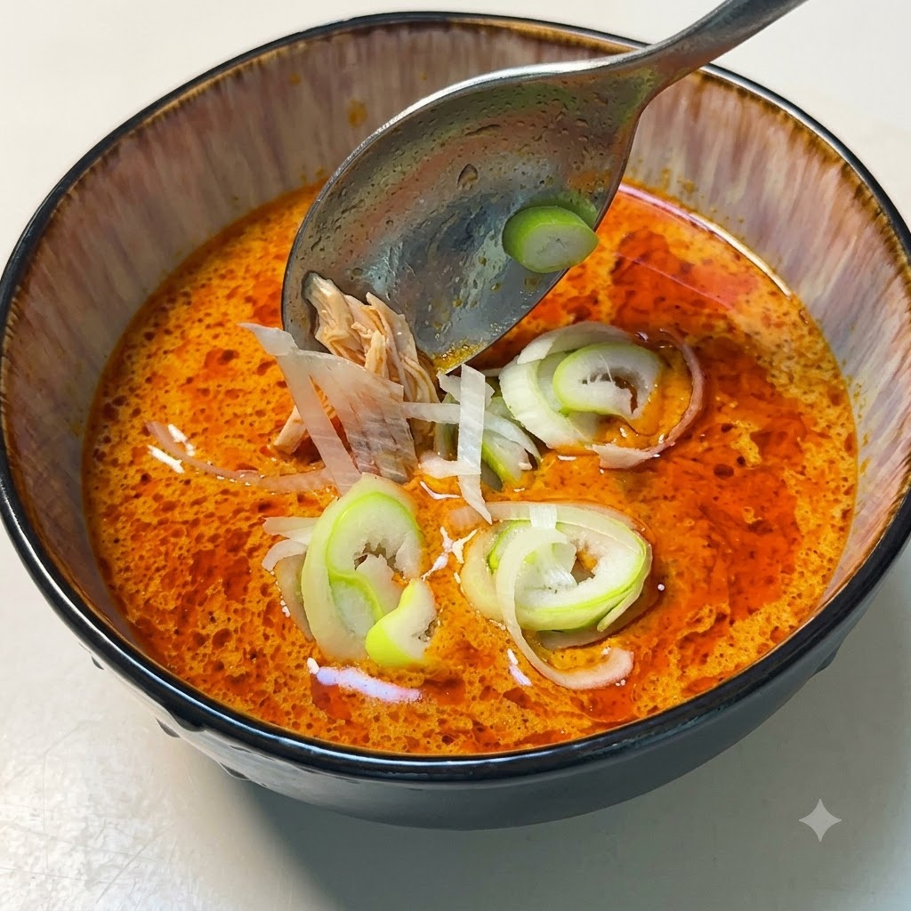 Des oignons verts fraîchement émincés parsemés dans un bol de sauce chaude et épicée au curry japonais.