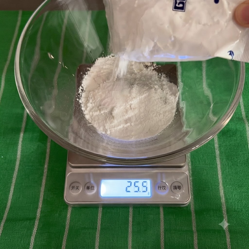 Ingrédients secs versés dans un bol en verre transparent sur une balance de cuisine numérique.