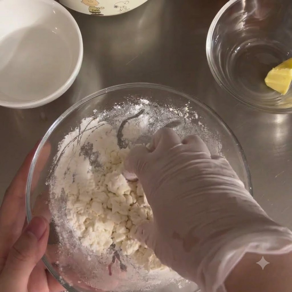 Une main gantée pétrissant la pâte à lintérieur dun bol mélangeur en verre transparent.