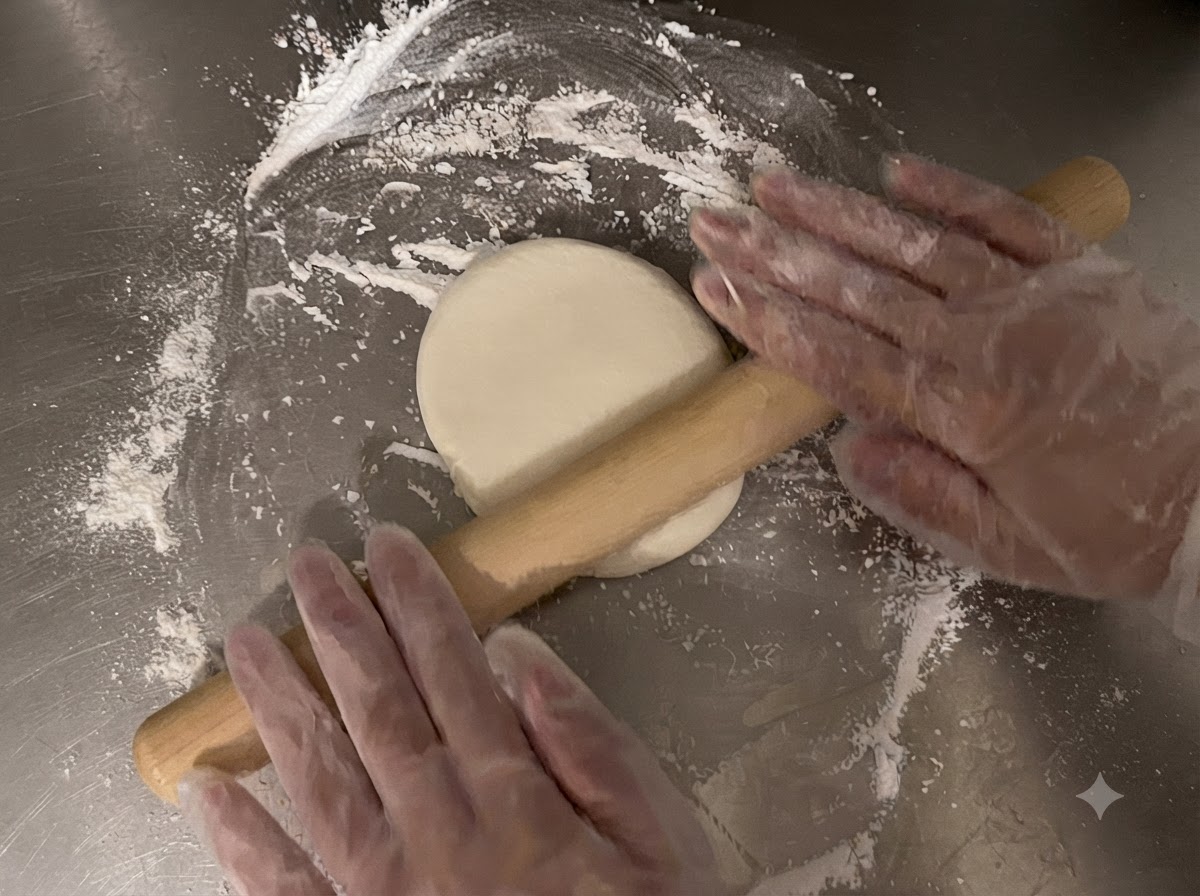 Un rouleau à pâtisserie en bois aplatissant un morceau de pâte rond sur une surface farinée.
