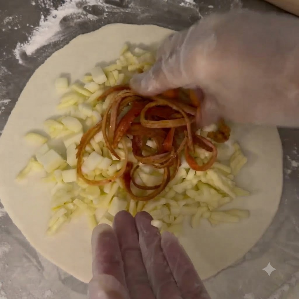 Dés de mozzarella, nouilles épicées et bâtonnets de surimi disposés sur un cercle de pâte crue.