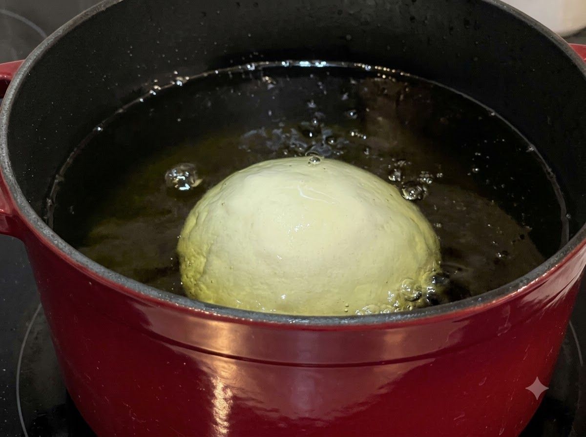 Une grande boule de pâte ronde en train de frire dans un pot rouge rempli dhuile de cuisson chaude bouillante.