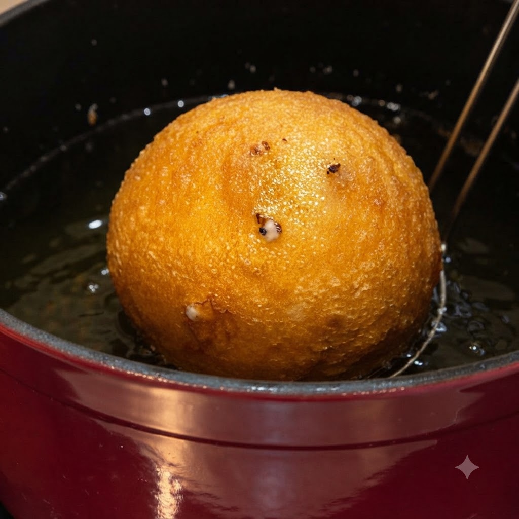 Une boule frite dorée retirée de lhuile chaude avec une écumoire en fil métallique.