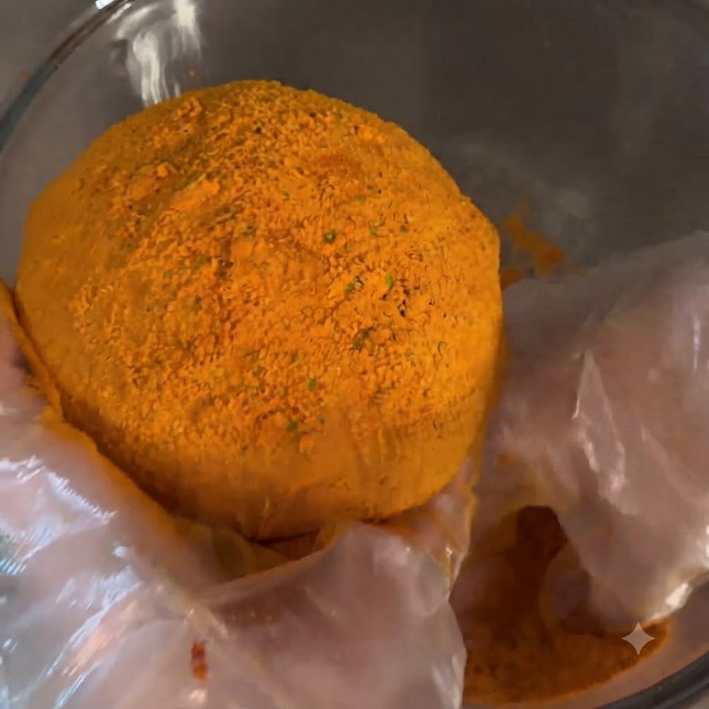 Une boule frite dorée recouverte de poudre de fromage épicée orange vif à lintérieur dun bol en verre.