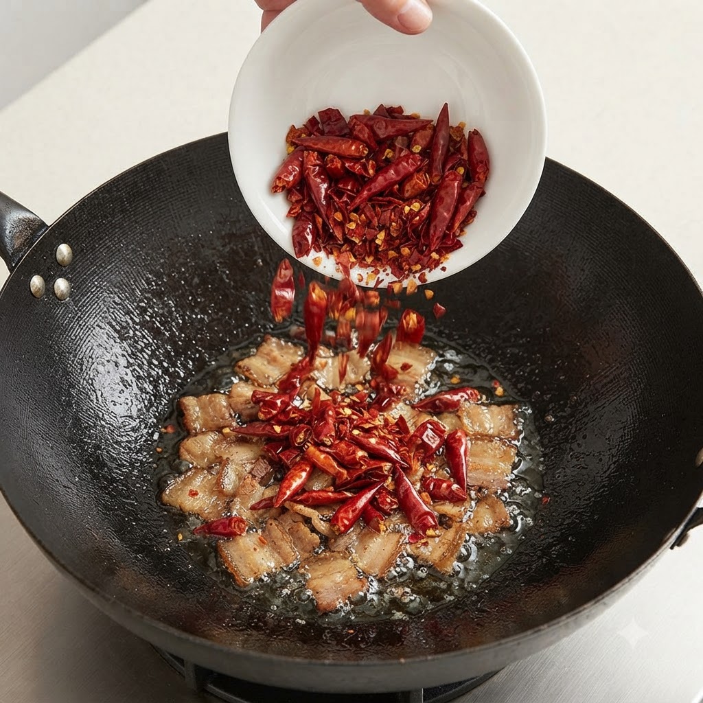Un bol blanc versant des piments rouges séchés hachés dans un wok contenant de la graisse de porc fondue.