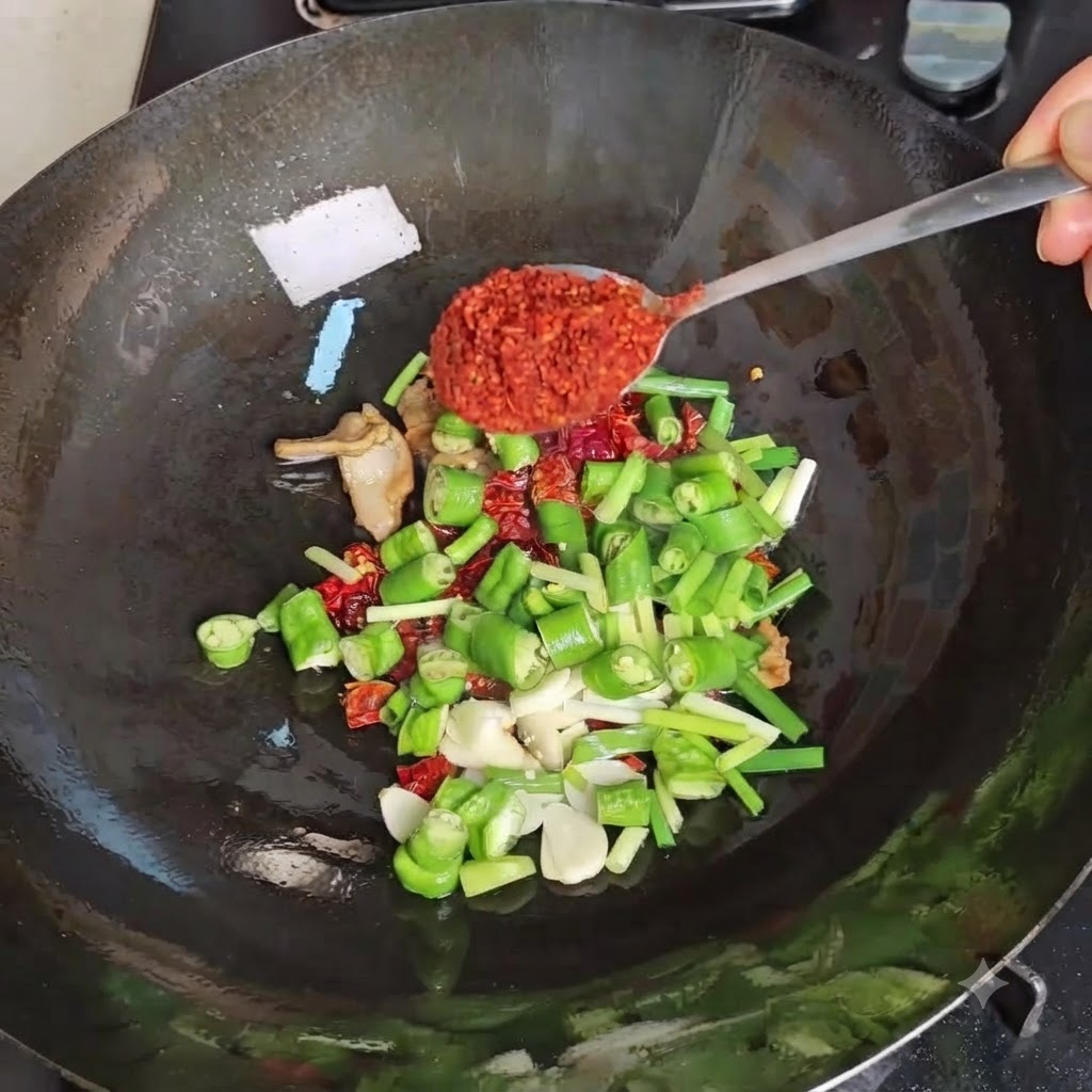 Une cuillère de poudre de piment rouge vif versée dans un wok assaisonné contenant des piments verts tranchés et dautres aromates.
