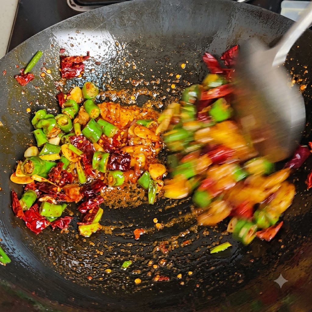 Une spatule en métal rapide remuant vigoureusement des piments verts et rouges, de lail et de la graisse de porc dans un wok chaud.