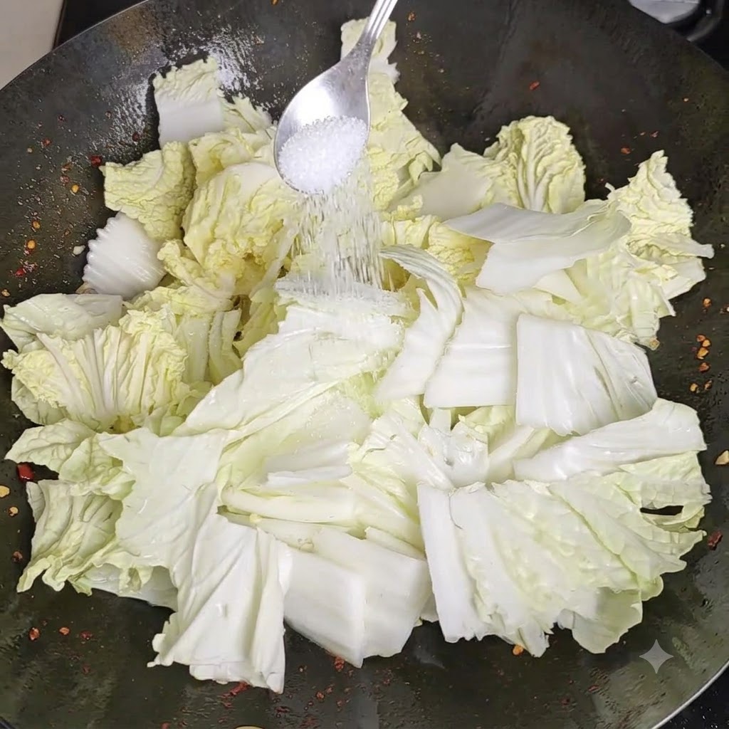 De la poudre de bouillon de poulet saupoudrée à partir dune cuillère sur les ingrédients dans le wok.